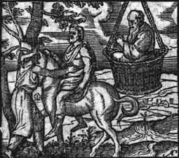 Сократ в «Мыслильне». Иллюстрация XVI века к «Облакам» Аристофана